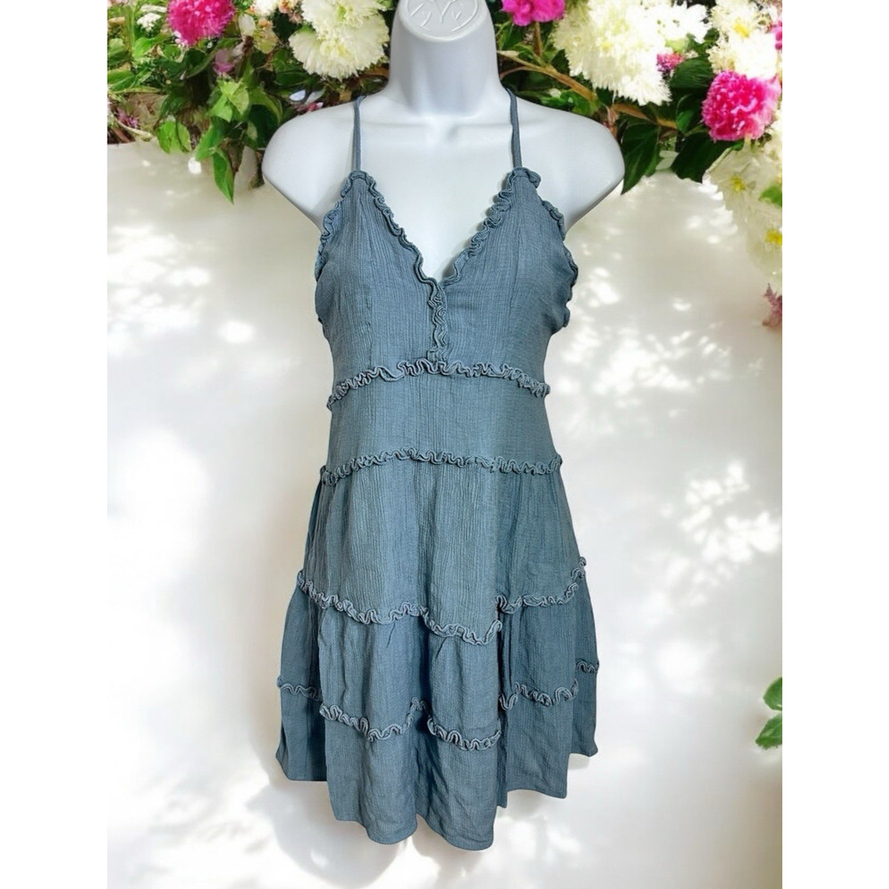 Fashion Nova Blue Angie Mini Dress Sz M Adjustable Spaghetti Straps Ruffle Trim - Picture 2 of 11